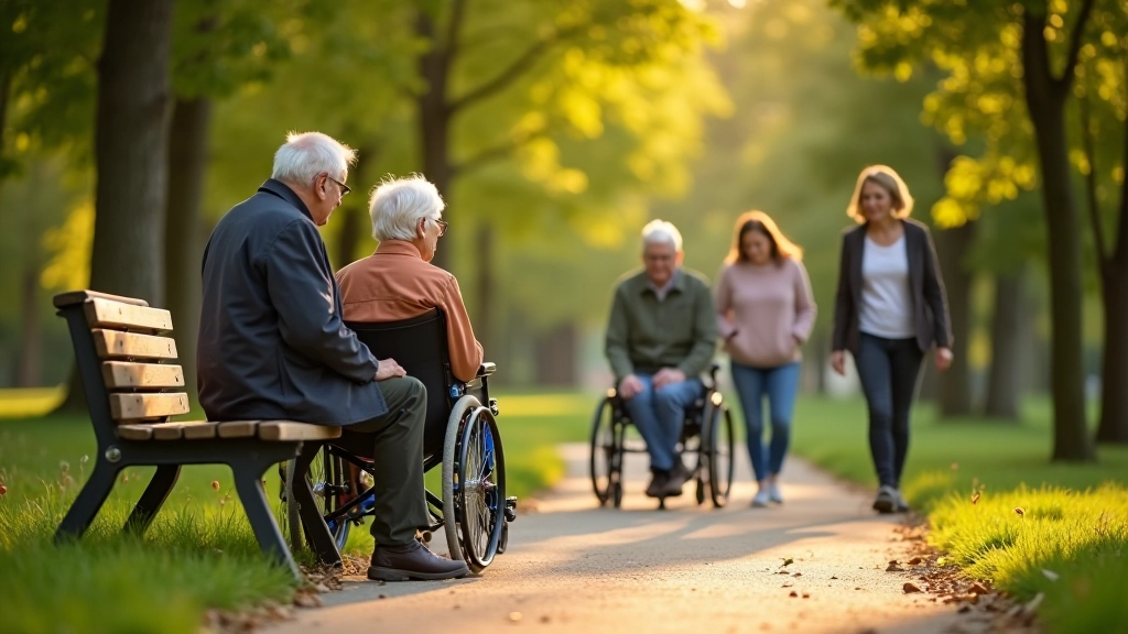 Dažādi cilvēki — seniori, invalīdi un ģimenes — bauda pastaigu dažādās atpūtas vietās Latvijas parkos