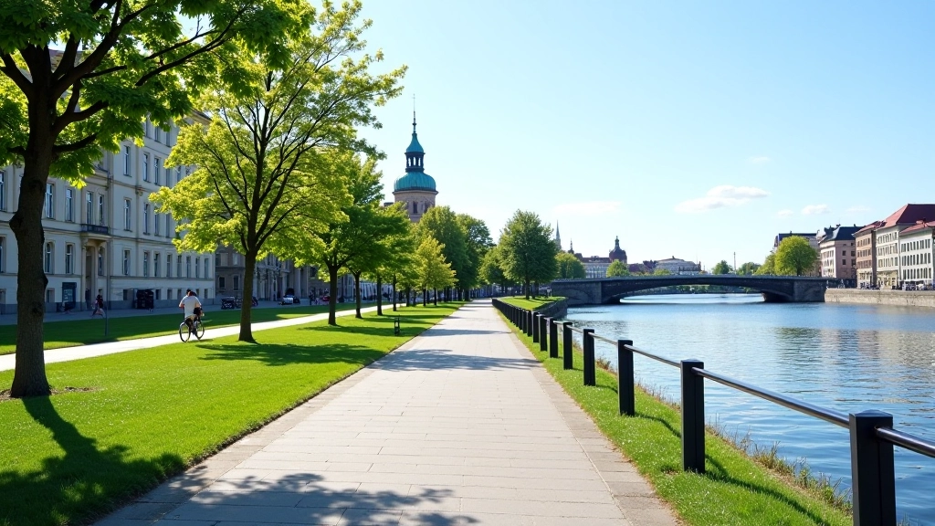 Pilsētas promenāde ar tiltu skatiem, asfalta ceļš, Daugavas ūdens, arhitektūra